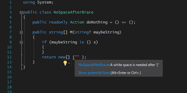 NoSpaceAfterBrace